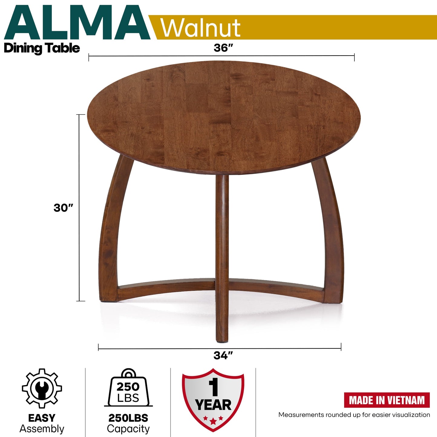 Round Dining Table for 4 - 36 Inch Solid Wood Mid-Century Modern
