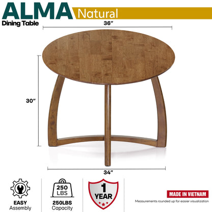 Round Dining Table for 4 - 36 Inch Solid Wood Mid-Century Modern