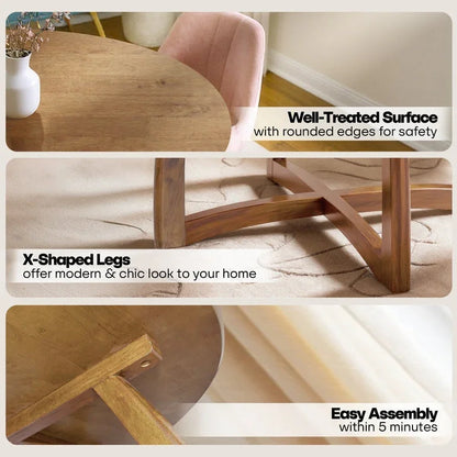 Wooden round table with well-treated surface and rounded edges, X-shaped legs, easy assembly in stylish home setting.