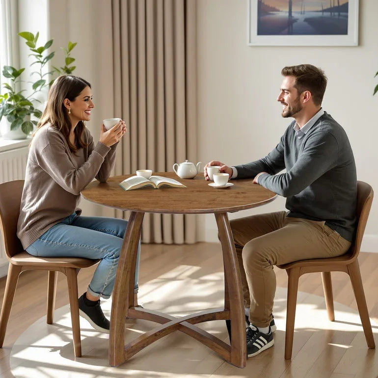 Couple enjoying coffee and conversation at a modern round wooden dining table in a stylish home