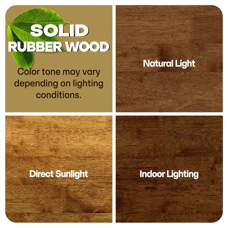 Solid rubber wood color variations shown under natural light, direct sunlight, and indoor lighting conditions