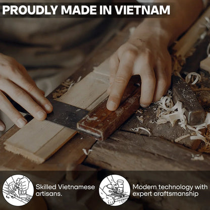 Handcrafted woodwork by skilled Vietnamese artisan using traditional tools and modern techniques