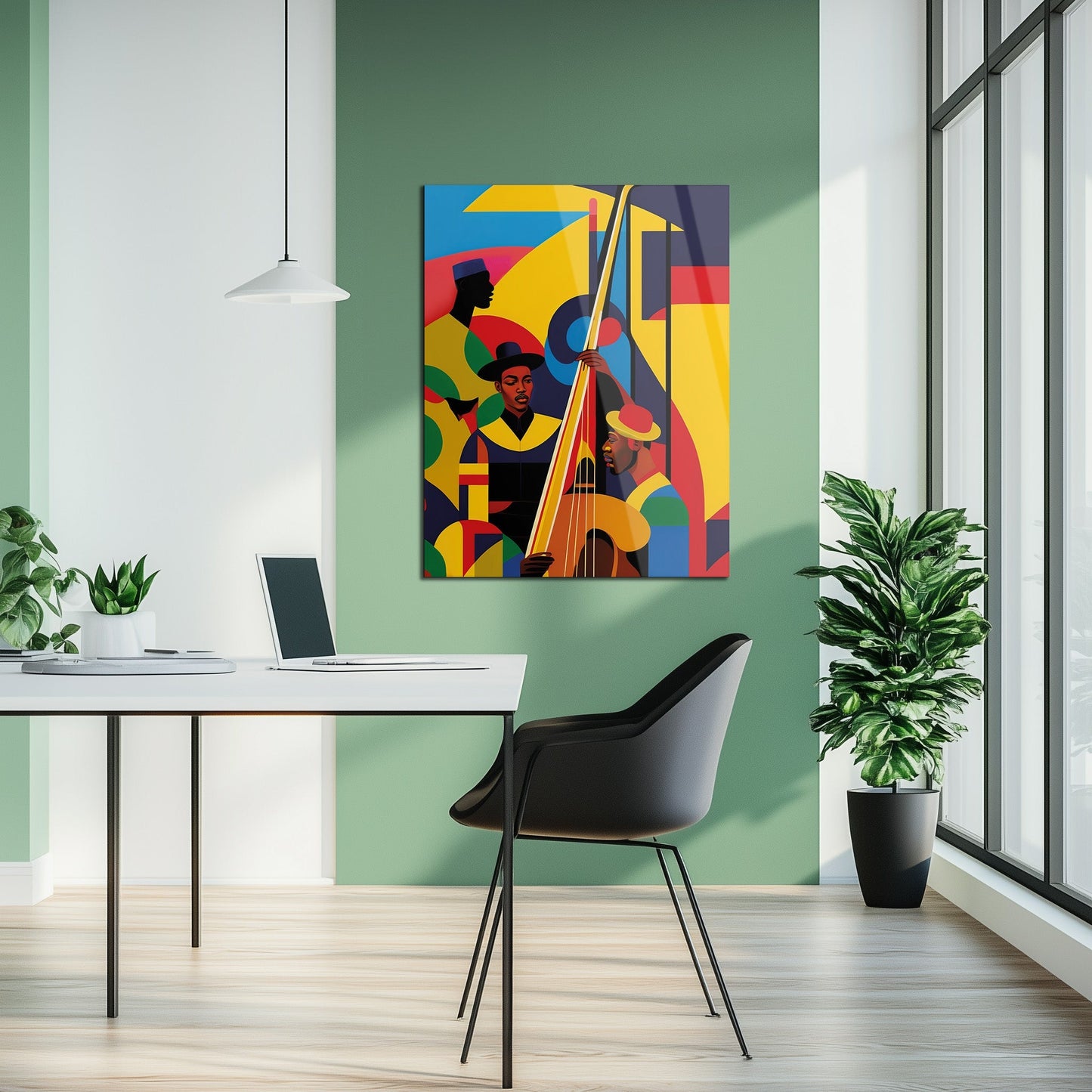 Jazz Musicians Glass Wall Art displayed in modern home office, bold abstract UV print on tempered glass