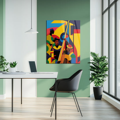 Jazz Musicians Glass Wall Art displayed in modern home office, bold abstract UV print on tempered glass