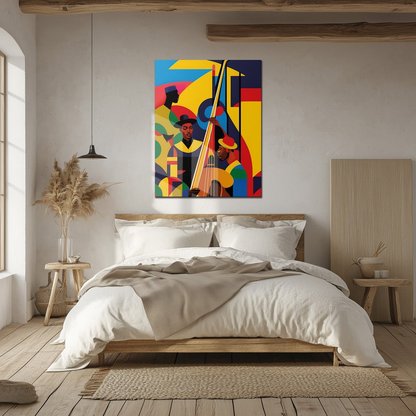 Jazz Musicians Glass Wall Art displayed above bed in modern boho bedroom, bold abstract UV print on tempered glass