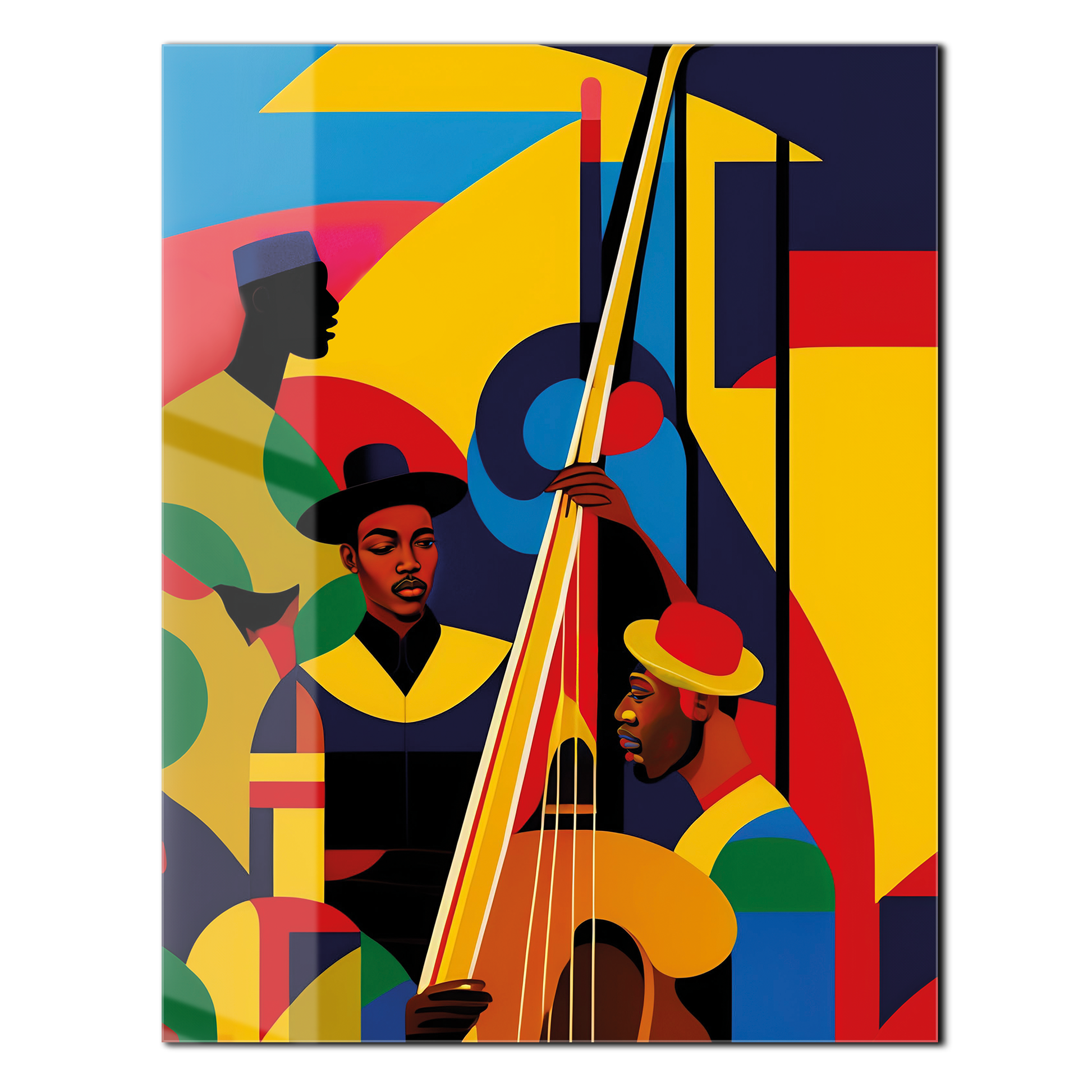 Jazz Musicians Glass Wall Art close-up, bold abstract geometric figures with bass instrument, UV print on tempered glass