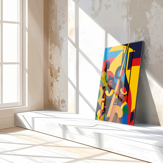 Jazz Musicians Glass Wall Art leaning against textured wall, colorful abstract UV print on tempered glass, natural light