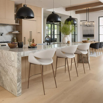 Modern White Vinyl Bar Chair in Contemporary Marble Kitchen Setting