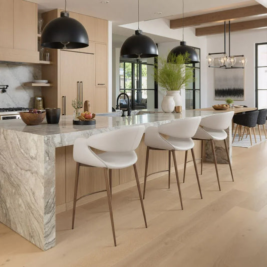 Modern White Vinyl Bar Chair in Contemporary Marble Kitchen Setting