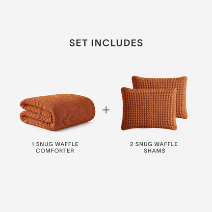 Snug Waffle Comforter Bundle set includes infographic showing one Snug Waffle Comforter and two Snug Waffle Shams in Cinnamon Stick on white background
