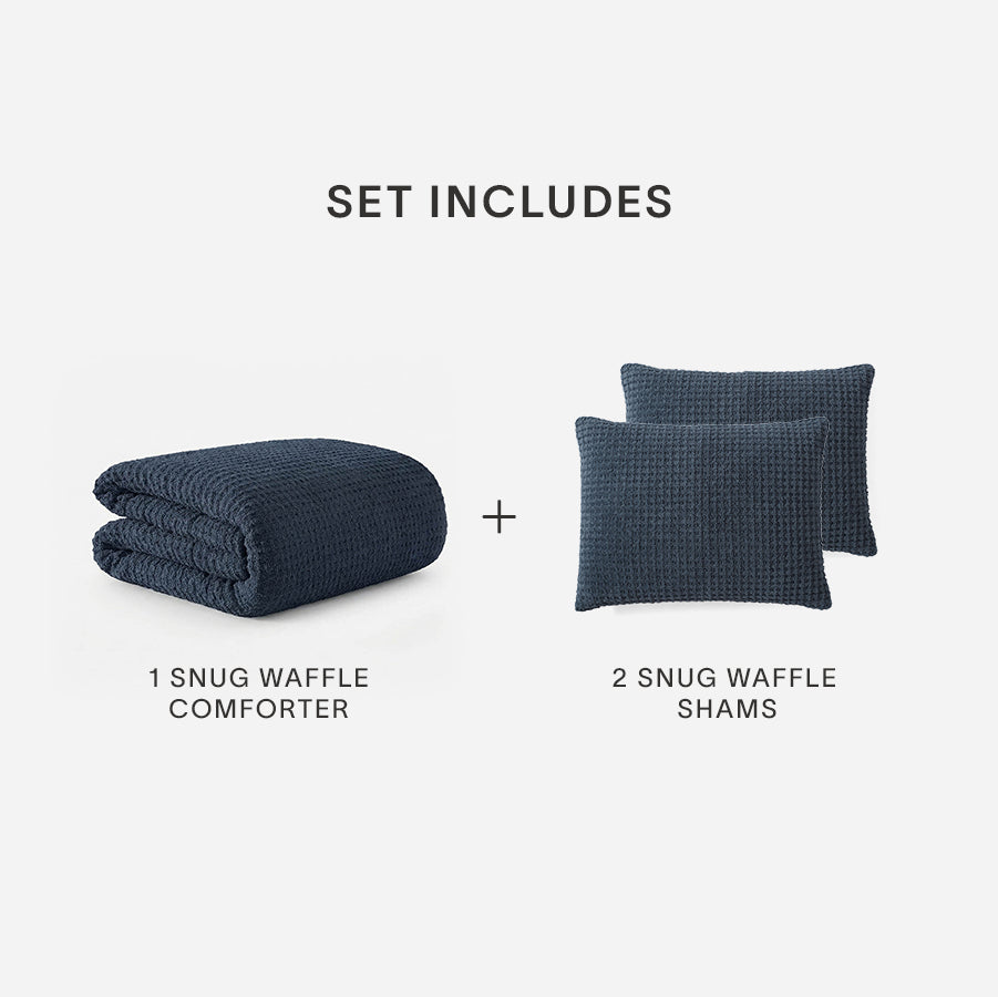 Snug Waffle Comforter Bundle set includes one Snug Waffle Comforter and two Snug Waffle Shams in Midnight on white background