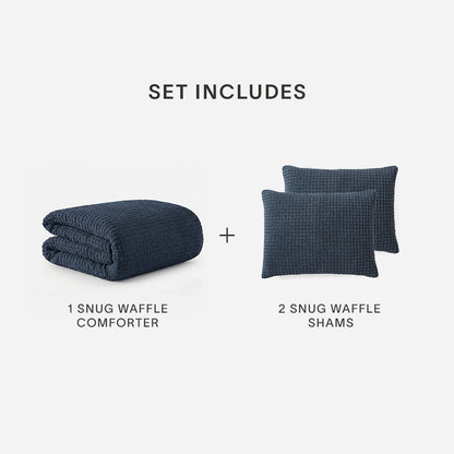 Snug Waffle Comforter Bundle set includes one Snug Waffle Comforter and two Snug Waffle Shams in Midnight on white background