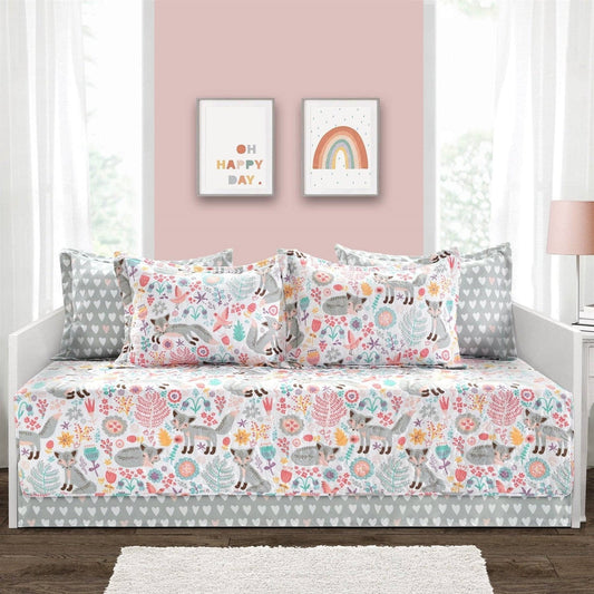 Pink Teal Orange Grey 6 Piece Floral Foxes Daybed Cover Bedding Set Melrose Home Design
