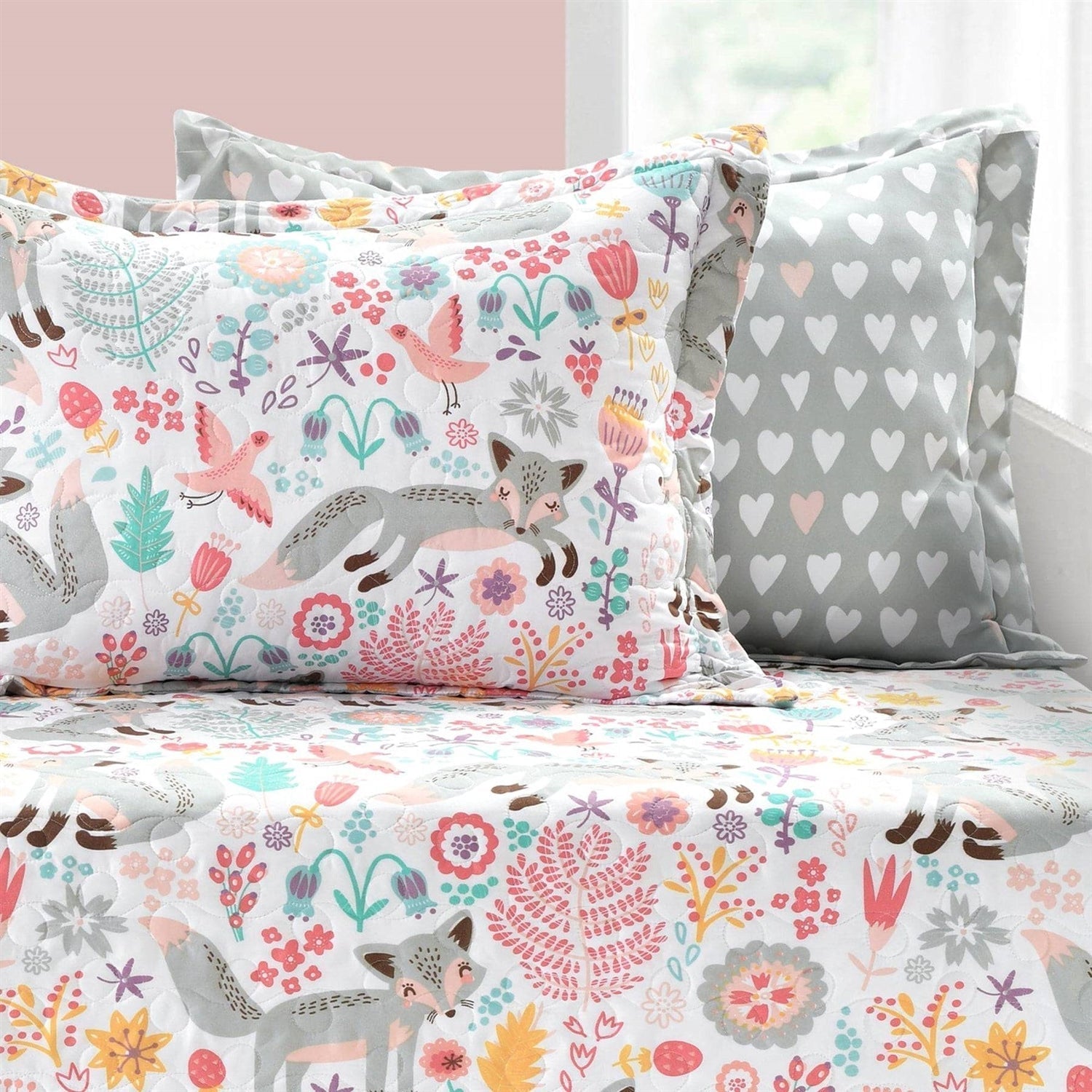 Pink Teal Orange Grey 6 Piece Floral Foxes Daybed Cover Bedding Set Melrose Home Design