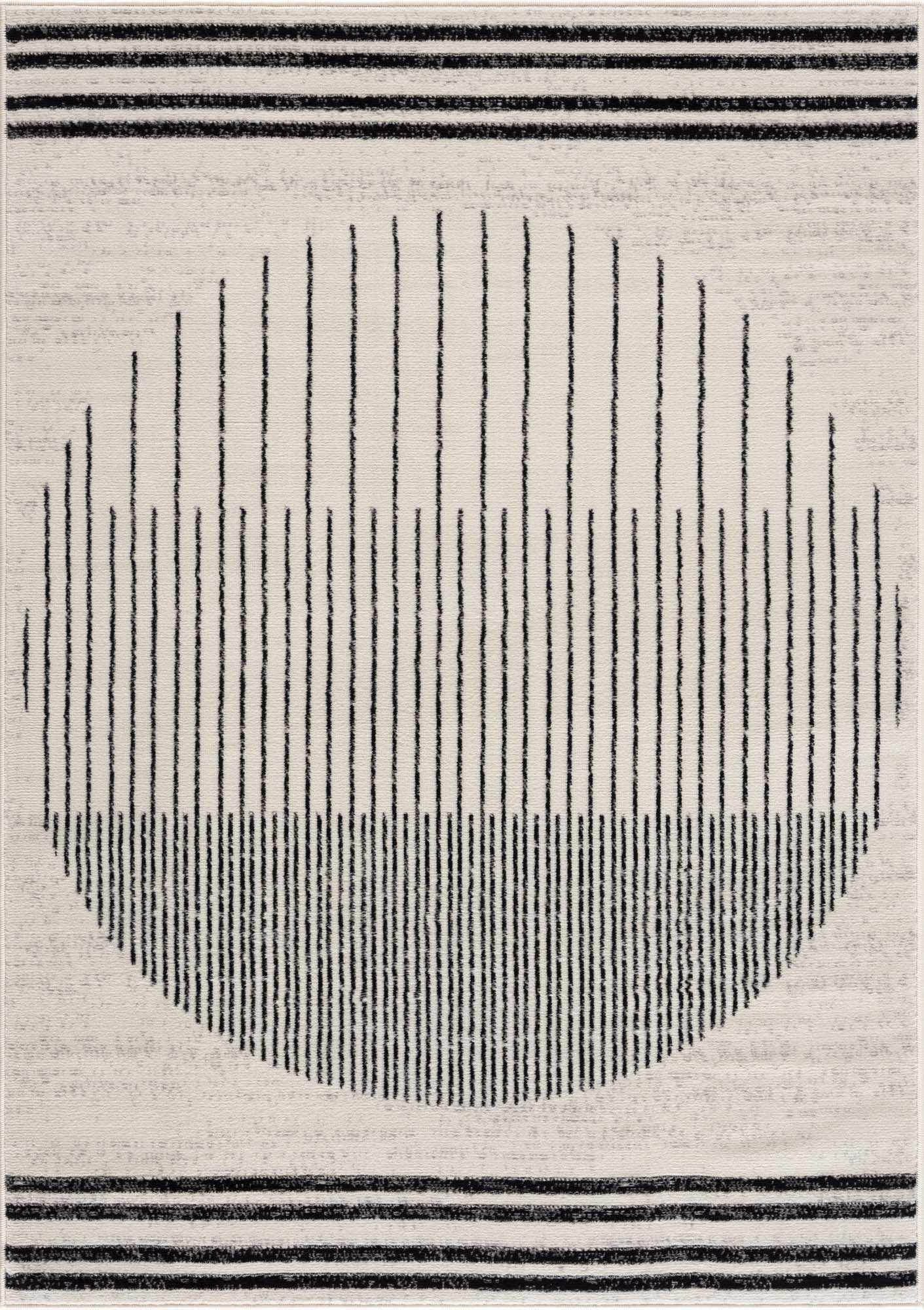 Angus Abstract Black and White Area Rug featuring vertical black lines forming a circle on a white background with horizontal stripes.