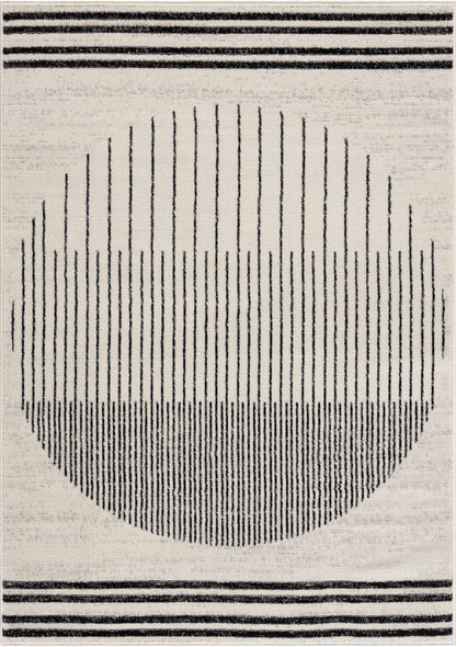 Angus Abstract Black and White Area Rug featuring vertical black lines forming a circle on a white background with horizontal stripes.