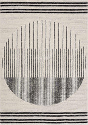 Angus Abstract Black and White Area Rug featuring vertical black lines forming a circle on a white background with horizontal stripes.