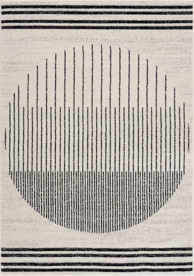 Angus Abstract Black and White Area Rug featuring vertical black lines forming a circle on a white background with horizontal stripes.