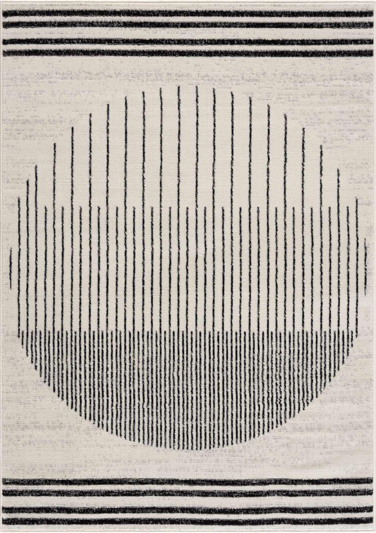 Angus Abstract Black and White Area Rug featuring vertical black lines forming a circle on a white background with horizontal stripes.