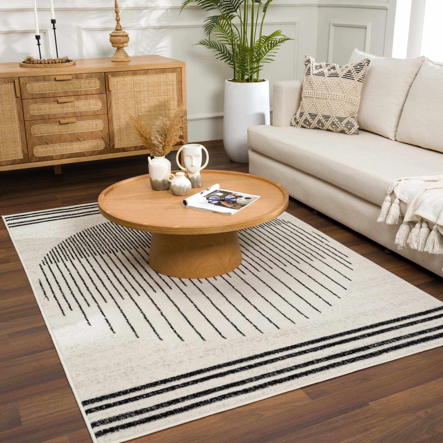 Angus Abstract Black & White Striped Area Rug - Modern Farmhouse Polypropylene, Non-Shedding, Hauteloom