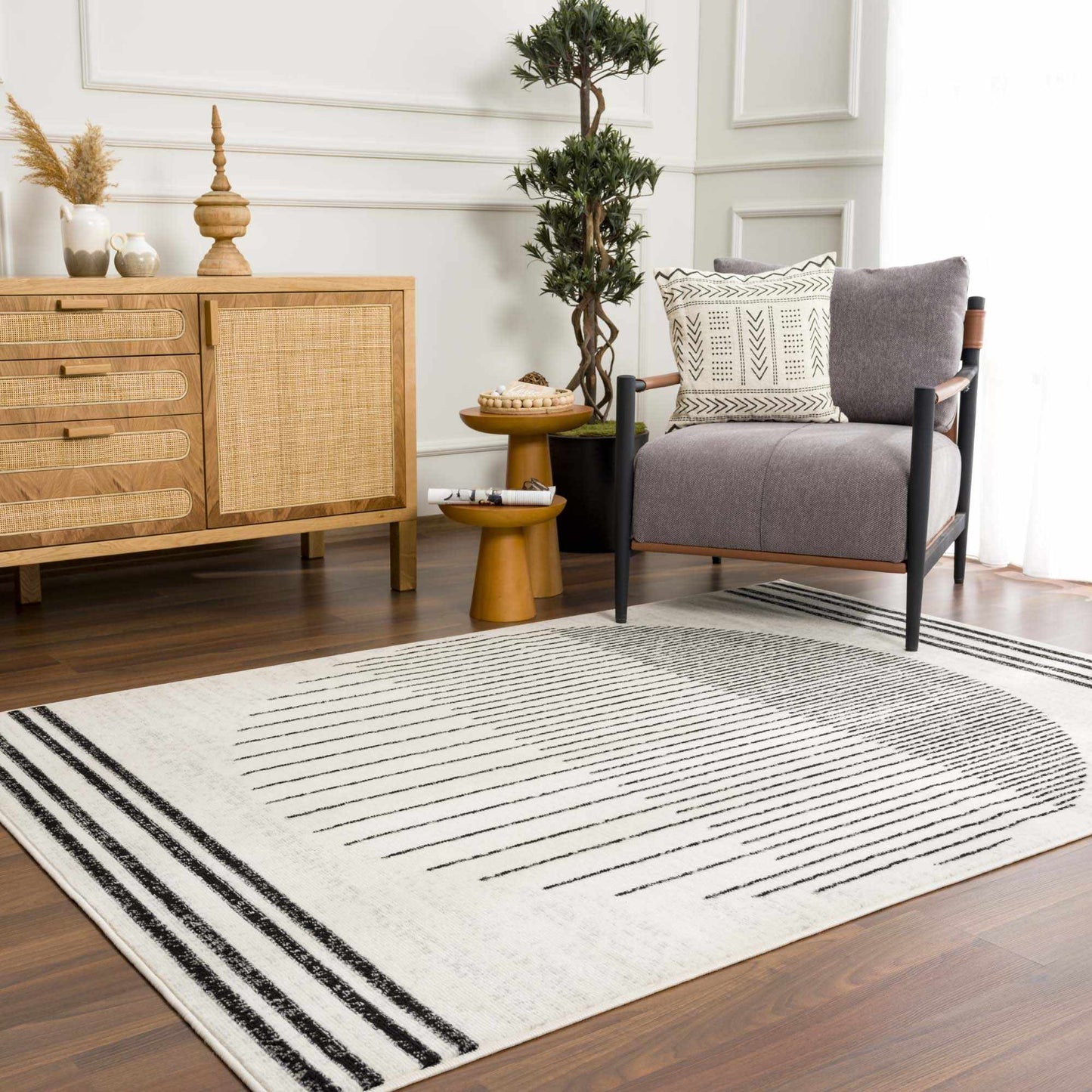 Angus Abstract Black & White Striped Area Rug - Modern Farmhouse Polypropylene, Non-Shedding, Hauteloom