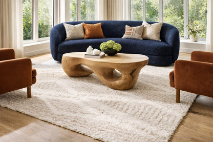 Plush Beige Shag Rug Styled in Modern Living Room with Navy Sofa | Fluent Trends