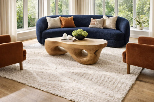 Plush Beige Shag Rug Styled in Modern Living Room with Navy Sofa | Fluent Trends