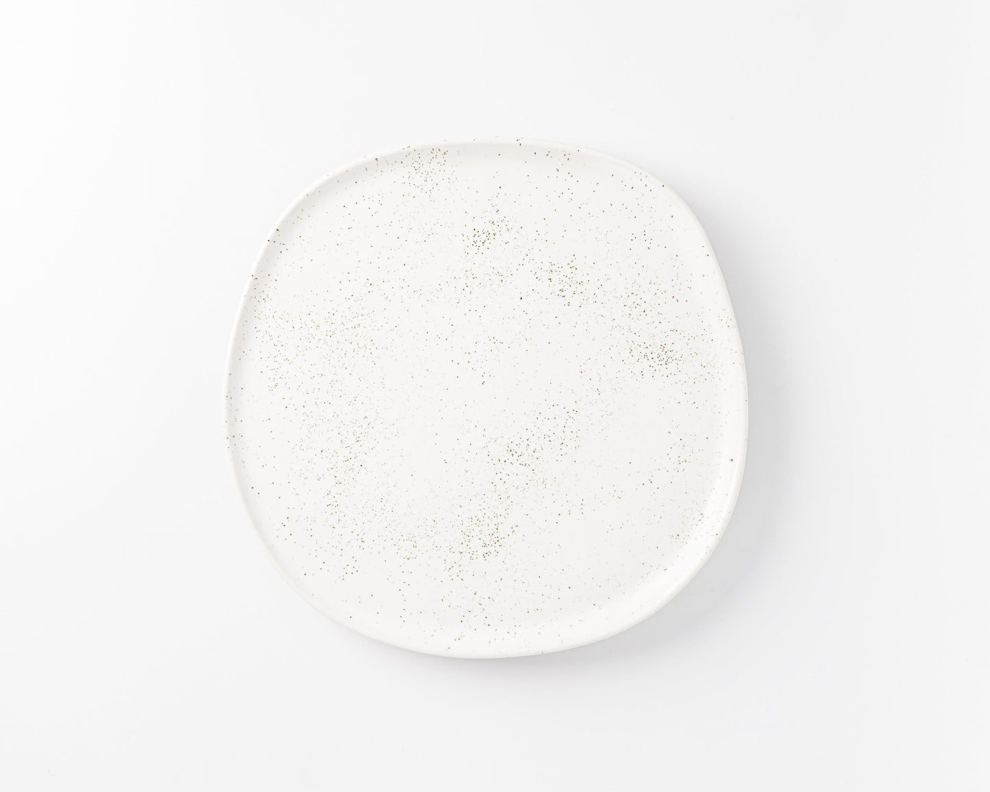 White ceramic plate with subtle brown speckled pattern on a white background