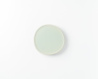 Minimalist round pale green ceramic plate on white background
