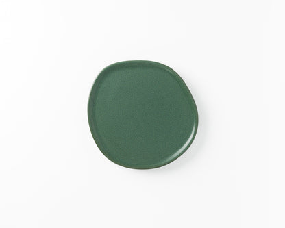 Green ceramic plate with irregular rounded shape on white background
