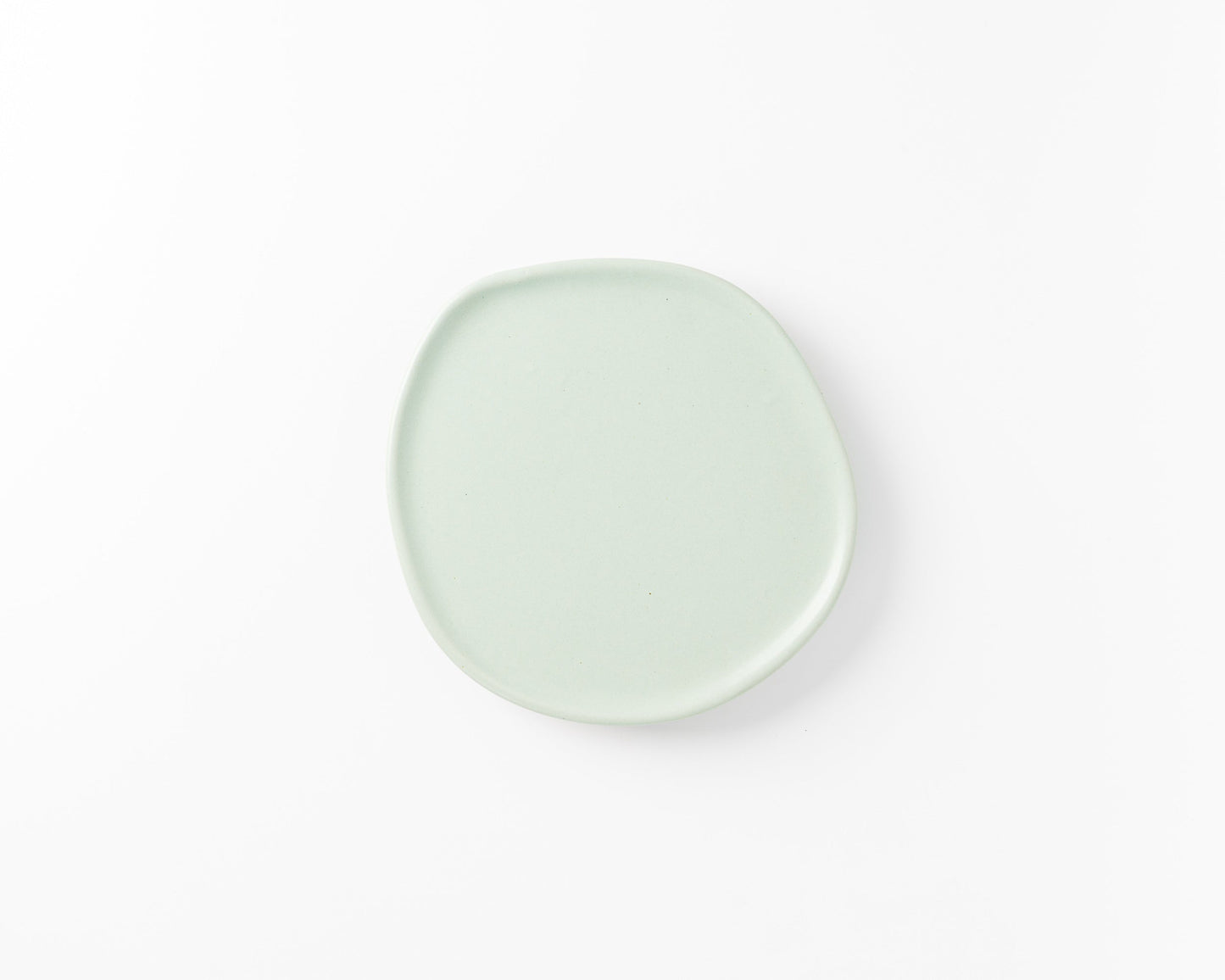 Minimalist pale green ceramic plate with organic shape on white background