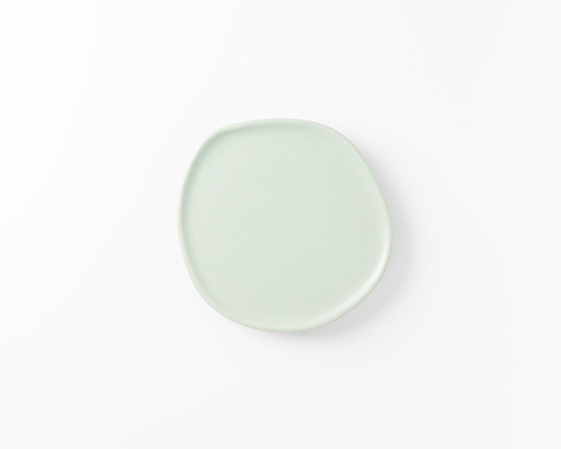 Minimalist pale green ceramic plate with organic shape on white background