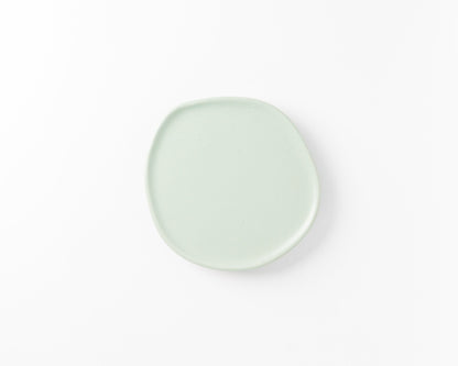 Minimalist pale green ceramic plate with organic shape on white background