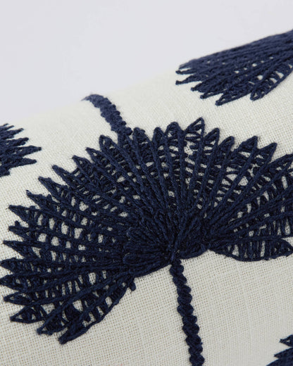Sunday Citizen Palm Leaf Embroidered Bolster Pillow Navy Off White close detail embroidery 