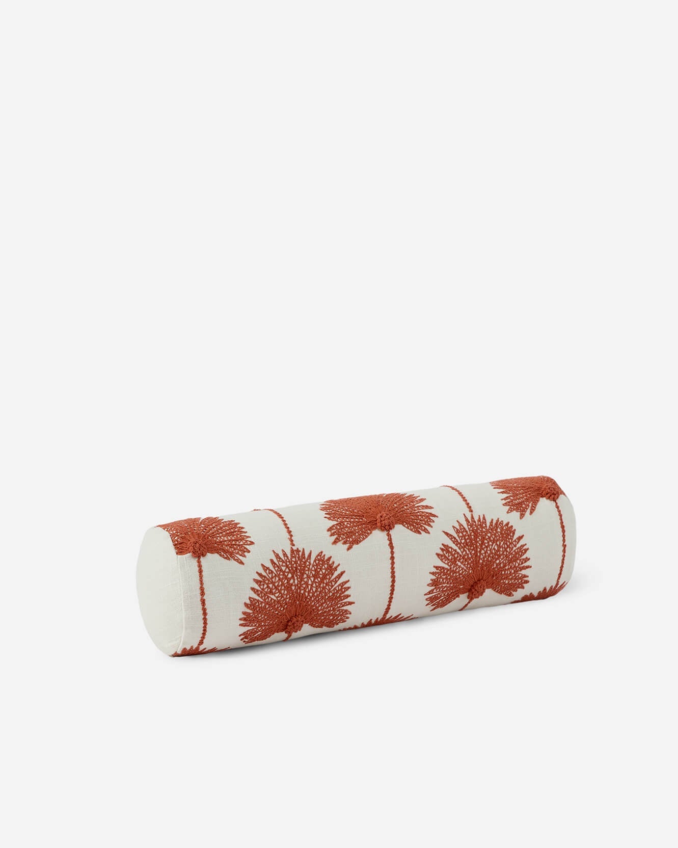 Sunday Citizen Palm Leaf Embroidered Bolster Pillow Sienna Off White angled flat lay