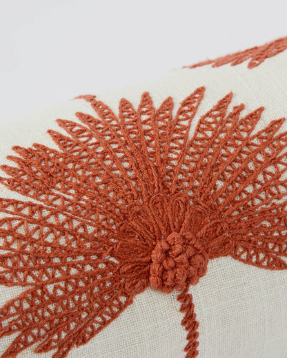 Sunday Citizen Palm Leaf Embroidered Bolster Pillow Sienna Off White close detail embroidery 