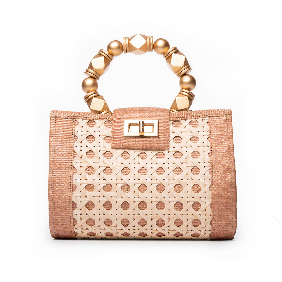 THE MILA Tan & Gold Rattan Woven Handbag Powered by People