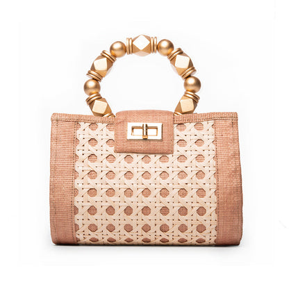 THE MILA Tan & Gold Rattan Woven Handbag Powered by People