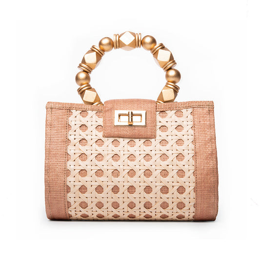 THE MILA Tan & Gold Rattan Woven Handbag Powered by People
