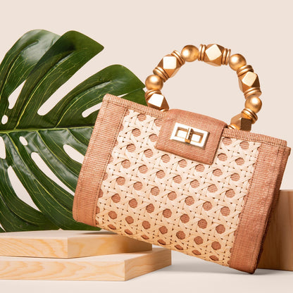 THE MILA Tan & Gold Rattan Woven Handbag Powered by People