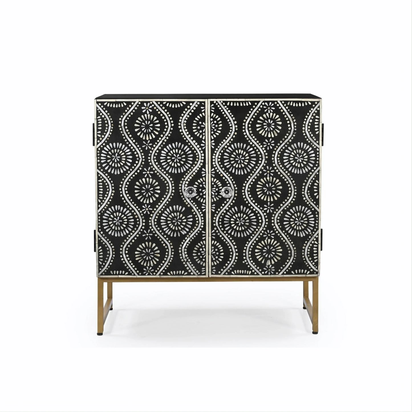 Black cabinet with white floral and wave bone inlay on gold legs, Fluent Trends home décor
