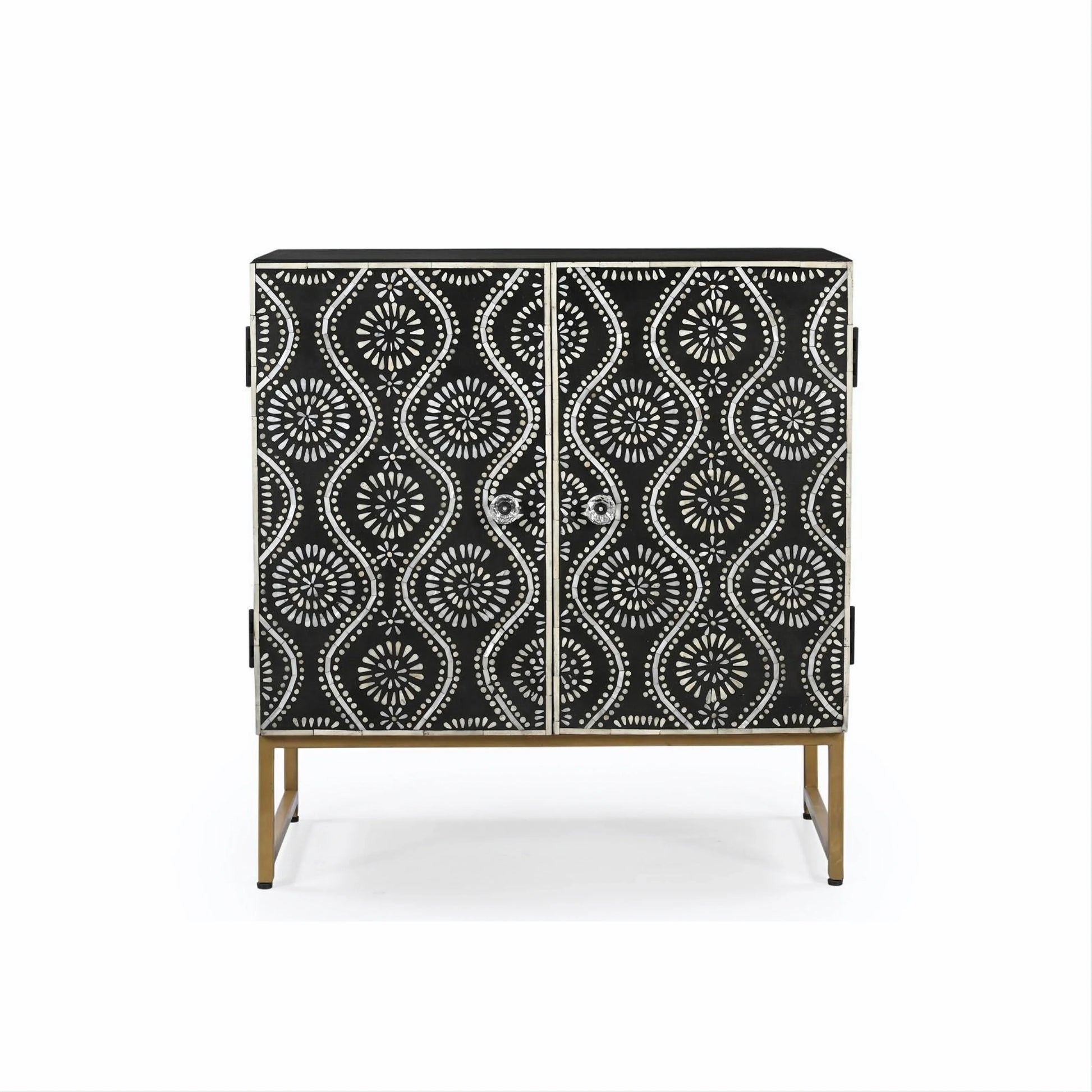 Black cabinet with white floral and wave bone inlay on gold legs, Fluent Trends home décor