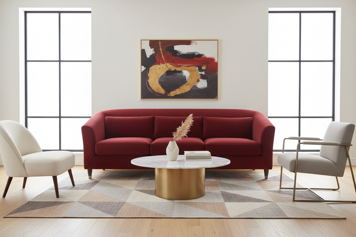 A 3 seater well designed luxurious deep red 3 seating sofa front facing with accent chairs on the side coffee table in front of the sofa in a bright livingroom design