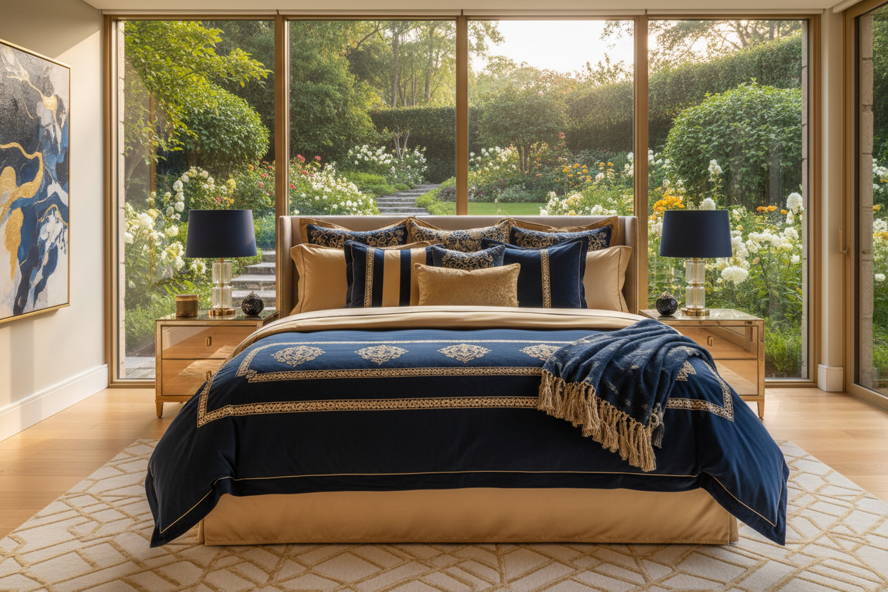 A luxurious front facing king size bed with navy and gold luxurious bedding in a well designed bright bedroom with big windows showing the beautiful outside garden