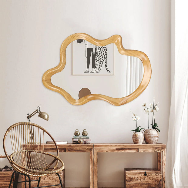 Irregular Wall Mirror with Natural Wood Frame - 33.46" x 22.24" - Fluent Trends