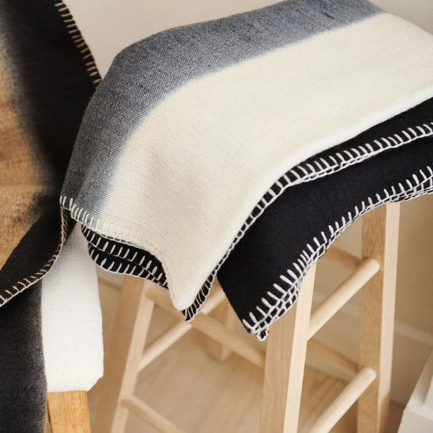 Ink Black White Ombre Textured Throw In Hand Spun Merino And Hand Stitched Hem - Fluent Trends Throw Blankets