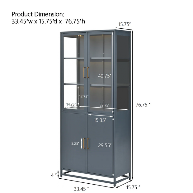 Modern Style 76.75'' Tall Steel Display Cabinet with Double Glass Doors, LED Lights, 3-Sided Glass for Collectibles - Dark Blue - Fluent Trends
