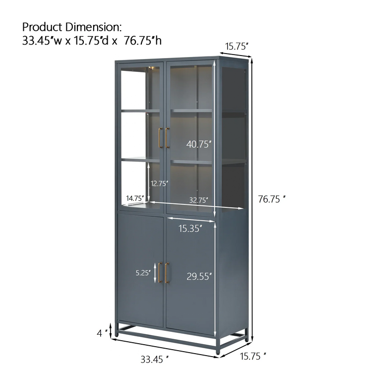 Modern Style 76.75'' Tall Steel Display Cabinet with Double Glass Doors, LED Lights, 3-Sided Glass for Collectibles - Dark Blue - Fluent Trends
