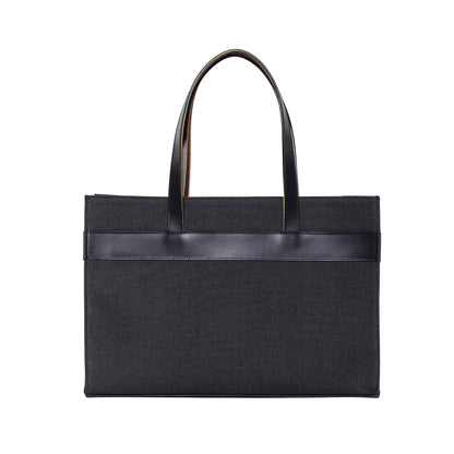 Black Leather & Canvas Tote Bag with Pockets