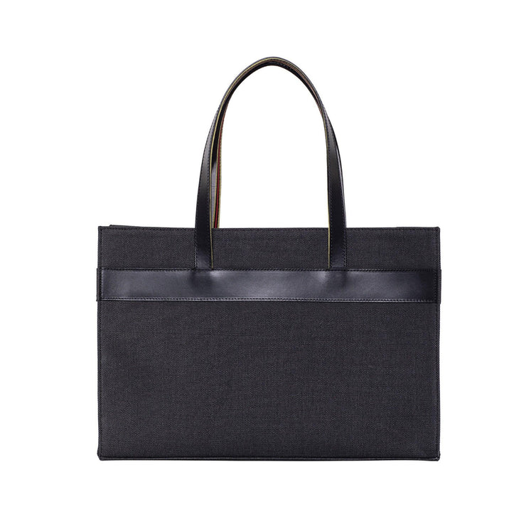 Black Leather & Canvas Tote Bag with Pockets - Fluent Trends